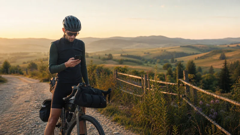 Traveller using a smartphone during cycling in romania in Romania.