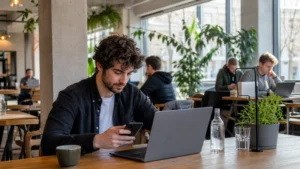 Traveller using a smartphone during romania internet for digital nomads in Romania.