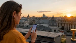 Traveller using a smartphone during romania esim on android in Romania.