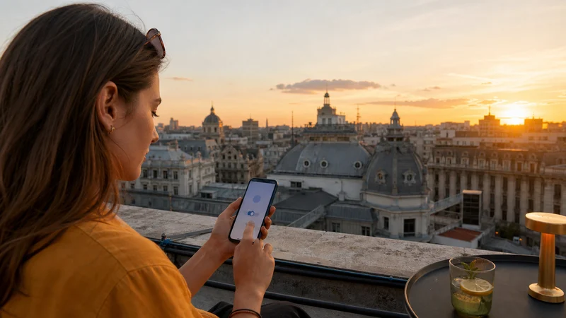 Traveller using a smartphone during romania esim on android in Romania.