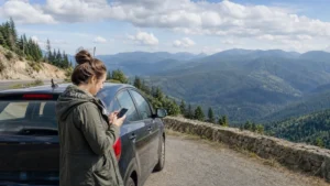 Traveller using a smartphone during romania esim coverage in Romania.