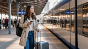 Traveller using a smartphone during romania esim for multi-city travel in Romania.