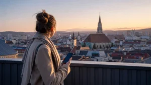 Traveller using a smartphone during romania esim on iphone in Romania.