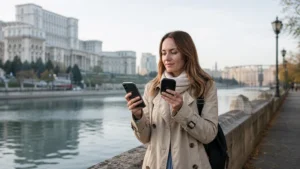 Traveller using a smartphone during romania esim vs pocket wifi in Romania.