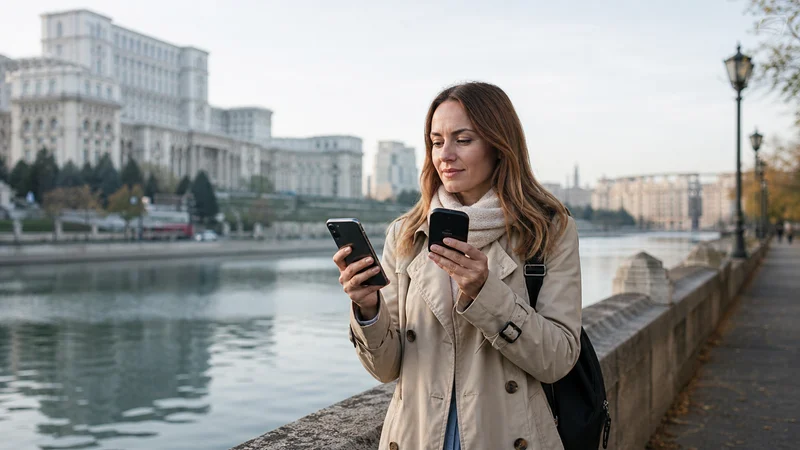 Traveller using a smartphone during romania esim vs pocket wifi in Romania.