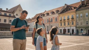 Traveller using a smartphone during romania family travel internet and esim guide in Romania.