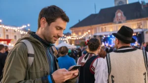 Traveller using a smartphone during romania festivals in Romania.
