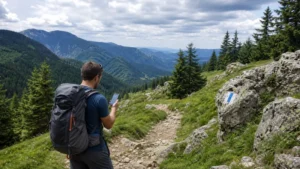 Traveller using a smartphone during hiking in romania in Romania.