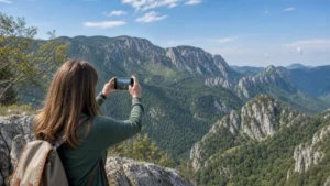 Traveller using a smartphone during mobile internet in romania national parks in Romania.