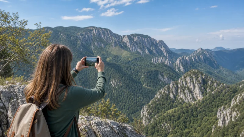 Traveller using a smartphone during mobile internet in romania national parks in Romania.