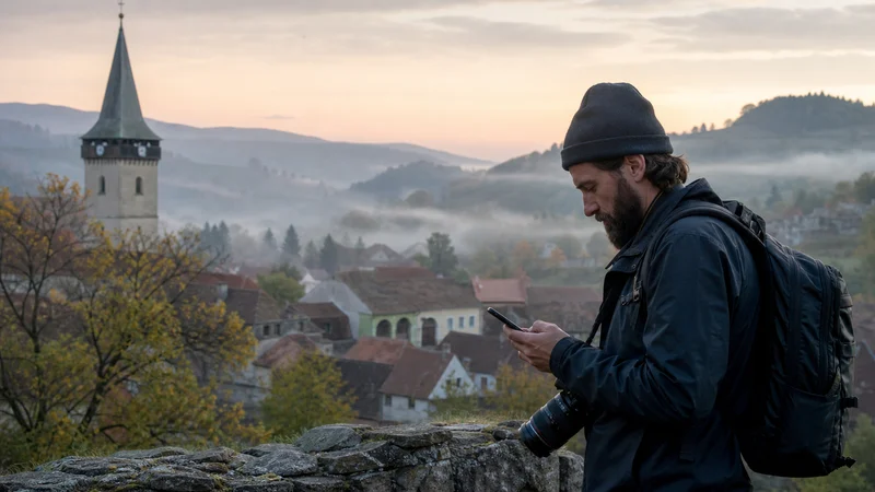 Traveller using a smartphone during romania photography trip in Romania.