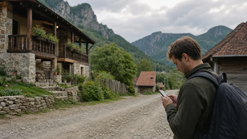 Traveller using a smartphone during remote village internet in romania in Romania.