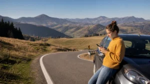 Traveller using a smartphone during romania road trip mobile internet and esim guide in Romania.