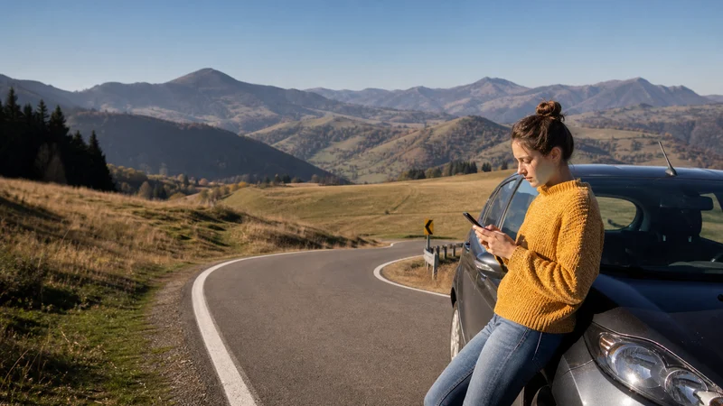 Traveller using a smartphone during romania road trip mobile internet and esim guide in Romania.