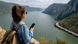 Traveller using a smartphone during romania to serbia mobile internet in Serbia.