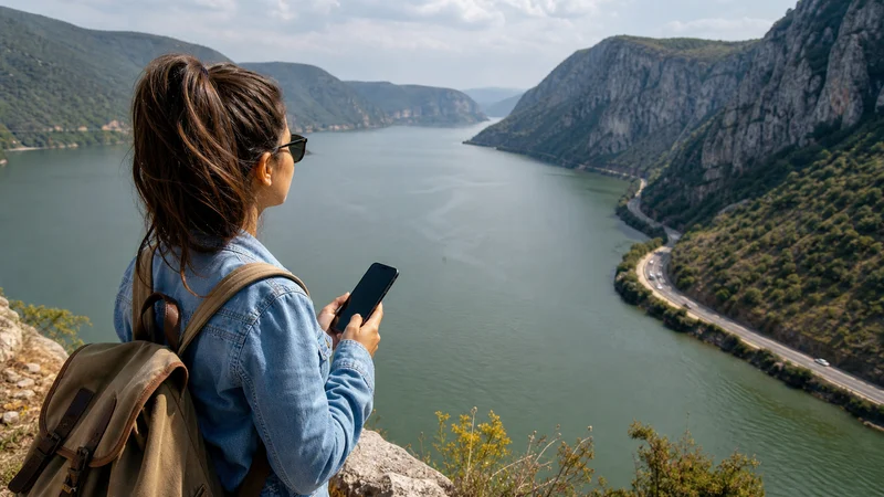 Traveller using a smartphone during romania to serbia mobile internet in Serbia.