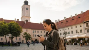 Traveller using a smartphone during mobile data for a short trip to romania in Romania.
