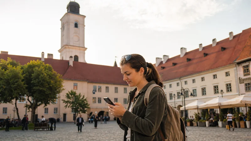 Traveller using a smartphone during mobile data for a short trip to romania in Romania.