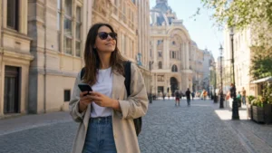 Traveller using a smartphone during solo travel in romania in Romania.