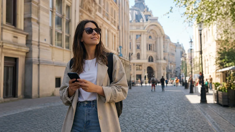 Traveller using a smartphone during solo travel in romania in Romania.