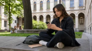 Traveller using a smartphone during romania mobile data for international students in Romania.