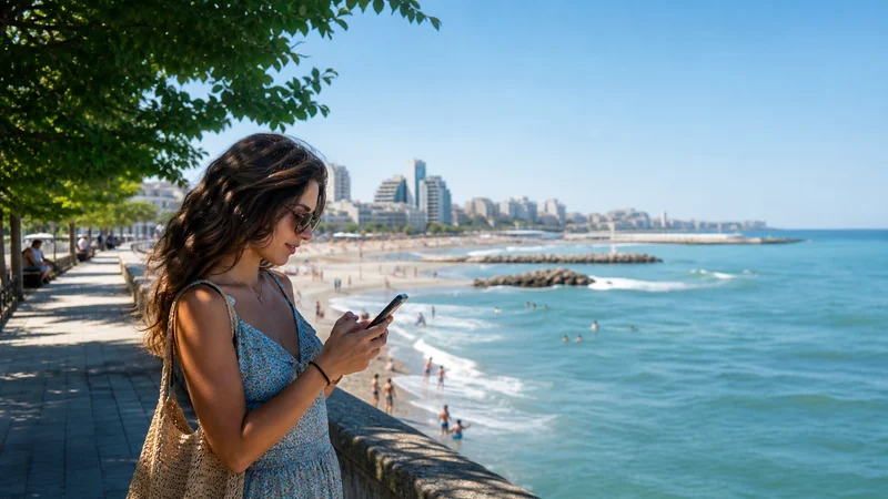 Traveller using a smartphone during romania summer travel in Romania.