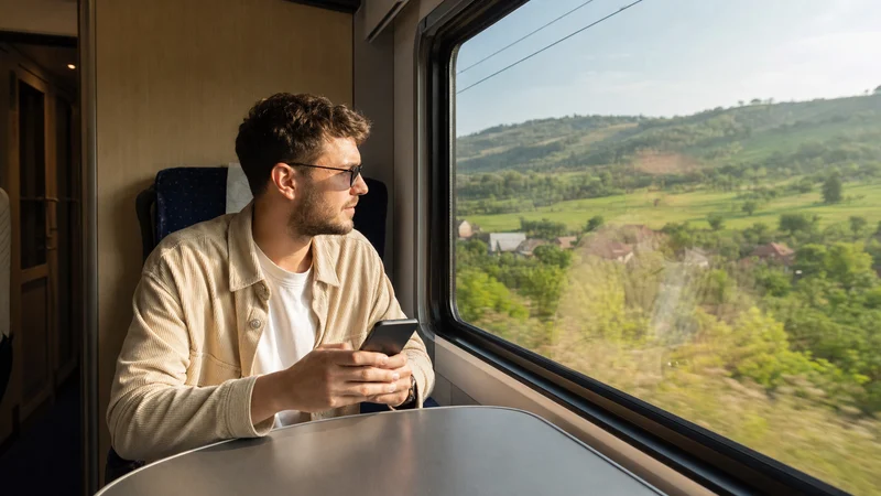 Traveller using a smartphone during romania train wifi and mobile data in Romania.