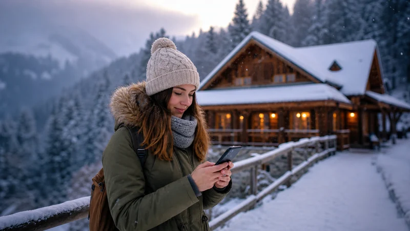Traveller using a smartphone during romania winter travel in Romania.