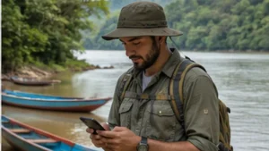 Traveller using a smartphone in Bolivia while researching mobile internet in rurrenabaque and the amazon gateway
