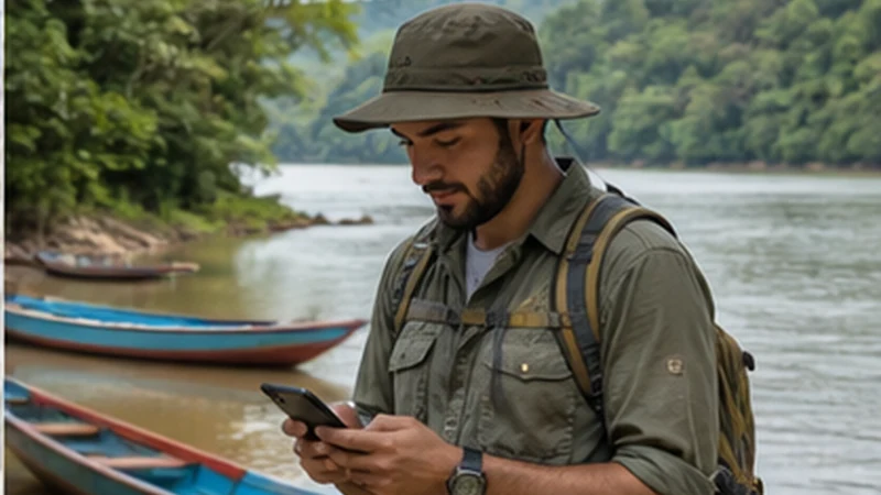 Traveller using a smartphone in Bolivia while researching mobile internet in rurrenabaque and the amazon gateway