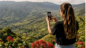 Traveller using a smartphone in El Salvador while researching mobile internet along the ruta de las flores