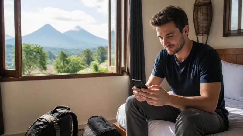 Traveller using an Android-style smartphone in Musanze Rwanda