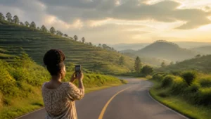 Traveller checking eSIM coverage beside a road through Rwanda's hills