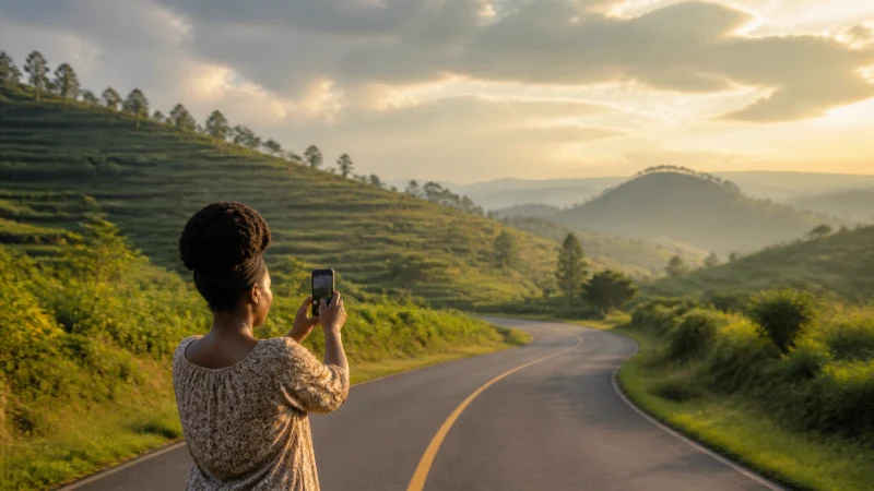 Traveller checking eSIM coverage beside a road through Rwanda's hills