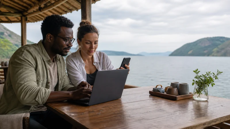 Travel companions using a phone hotspot at Lake Kivu