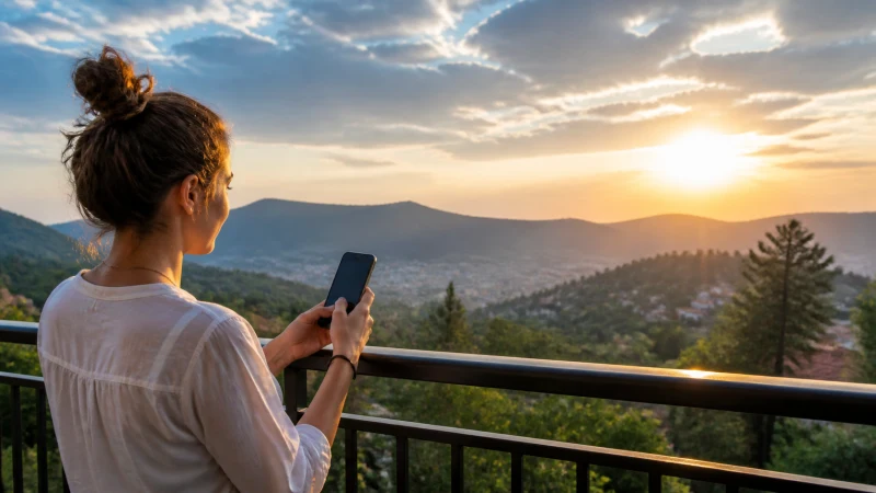 Traveller using an iPhone-style smartphone above Rwanda's hills