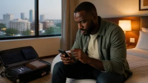 Traveller troubleshooting an eSIM in a Kigali hotel room