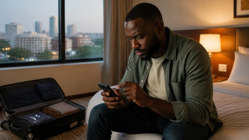 Traveller troubleshooting an eSIM in a Kigali hotel room