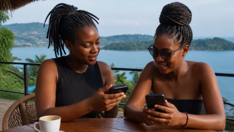 Friends comparing phones and pocket WiFi beside Lake Kivu