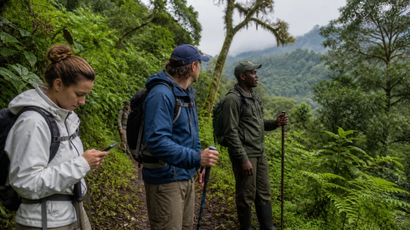 Trekkers checking a smartphone on a forest trail in Rwanda
