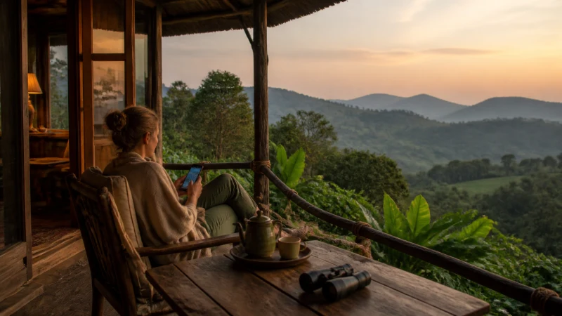 Traveller using a smartphone on a Rwanda eco-lodge veranda