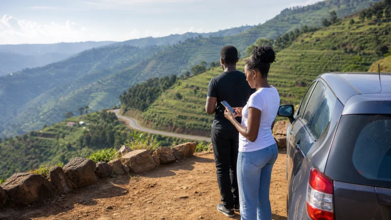 Travellers checking navigation during a Rwanda road trip