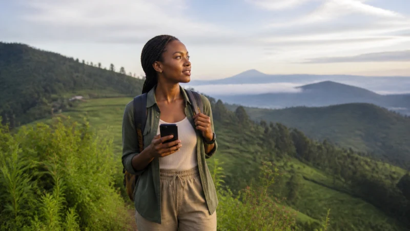 Solo traveller using a smartphone at a Rwanda highland viewpoint