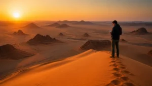 Traveller using mobile internet in the Algerian Sahara