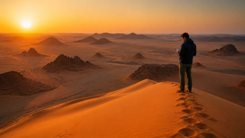 Traveller using mobile internet in the Algerian Sahara