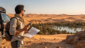Traveller using a smartphone for Sahara Tunisia Mobile Internet in Tunisia