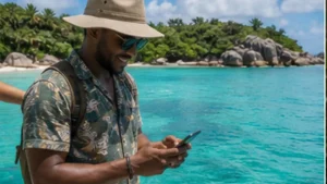 Traveller using a smartphone near Sainte Anne Marine National Park
