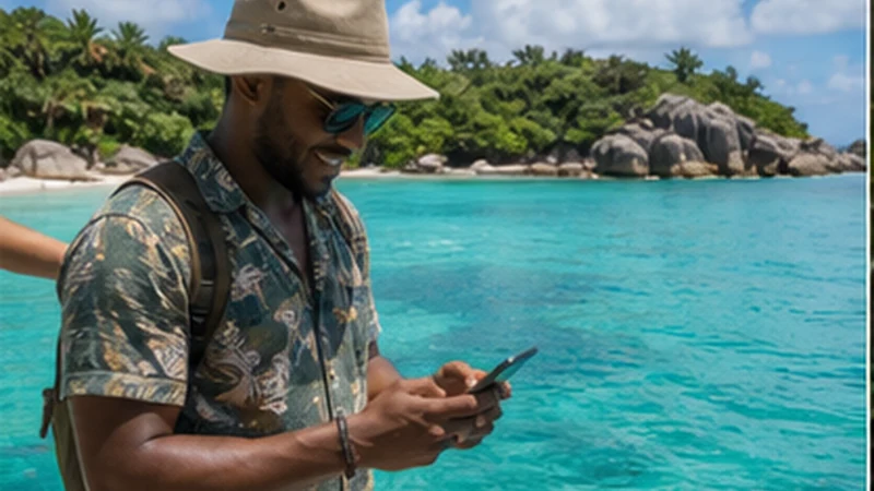 Traveller using a smartphone near Sainte Anne Marine National Park