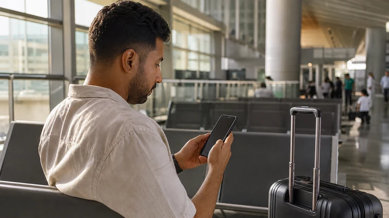 Traveller using a smartphone during eSIM setup at Salalah Airport