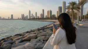 Traveller using a smartphone in a Kuwait setting related to using mobile internet while exploring salmiya